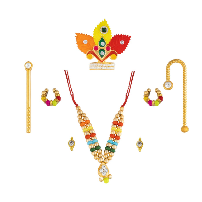 Mala Mukut Set - 2 Inches | Krishna Deity Accessory Set/ Decorative Mukut, Mala & Earrings for Temple Decor