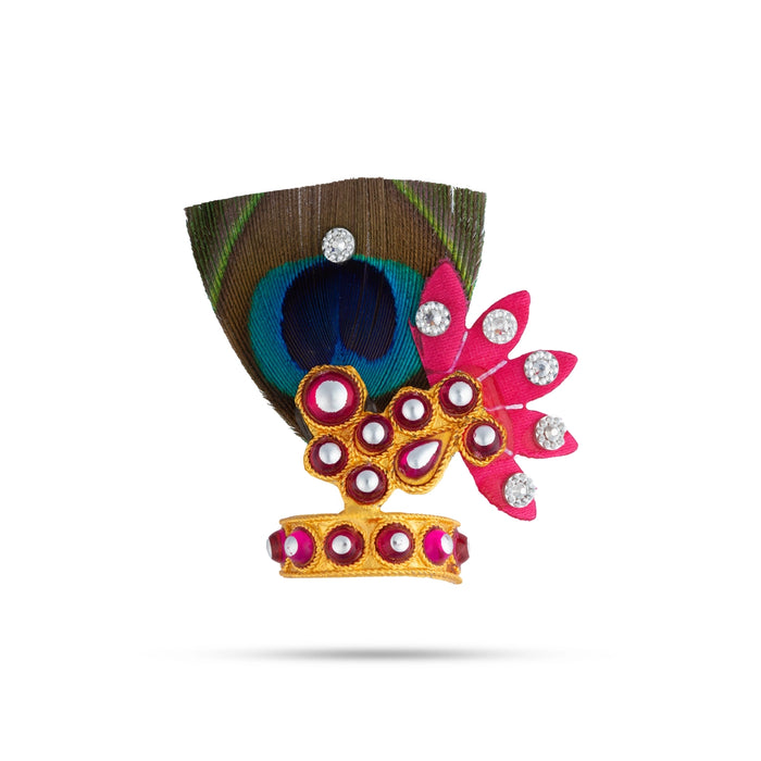 Mala Mukut Set - 2 Inches | Stone Design Peacock Feather Crown/ Beads Mala for Deity Decoration