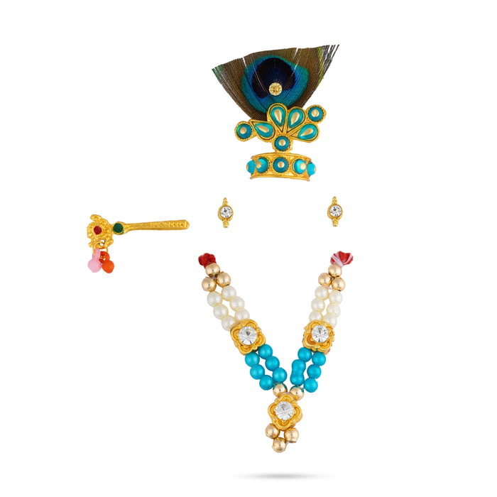 Mala Mukut Set - 1.75 Inches | Krishna Crown, Necklace & Earrings / Decorative Idol Jewelry Set