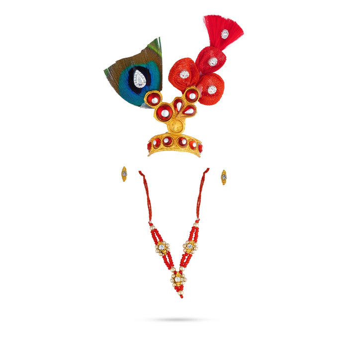 Mala Mukut Set - 2 Inches | Decorative Krishna Crown with Necklace & Ear Studs for Deity Adornment