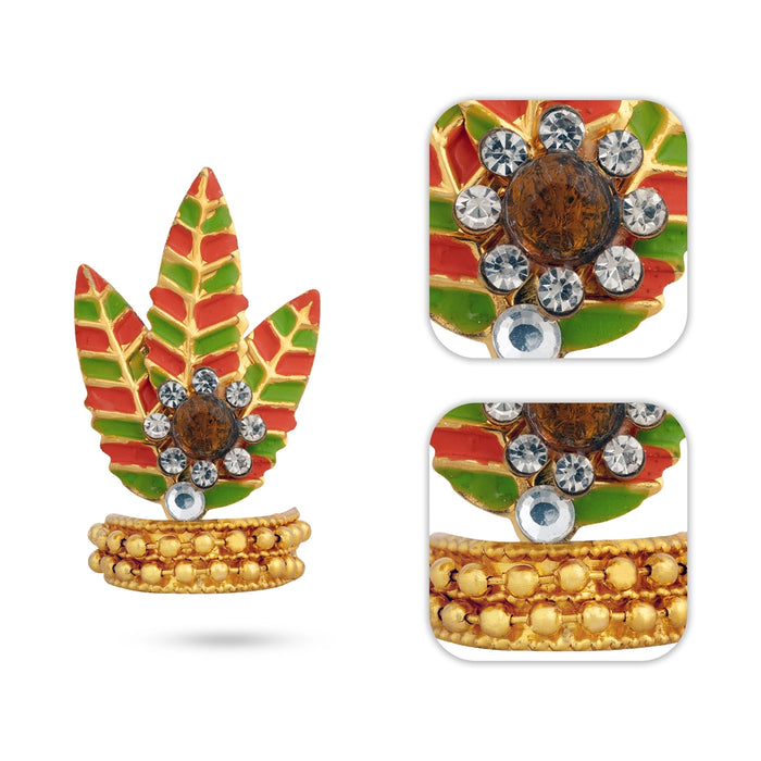 Imitation Kireedam - 1.5 x 1 inches | Leaf Design Deity Crown with Stone/ God Idol Mukut for Temple Decoration