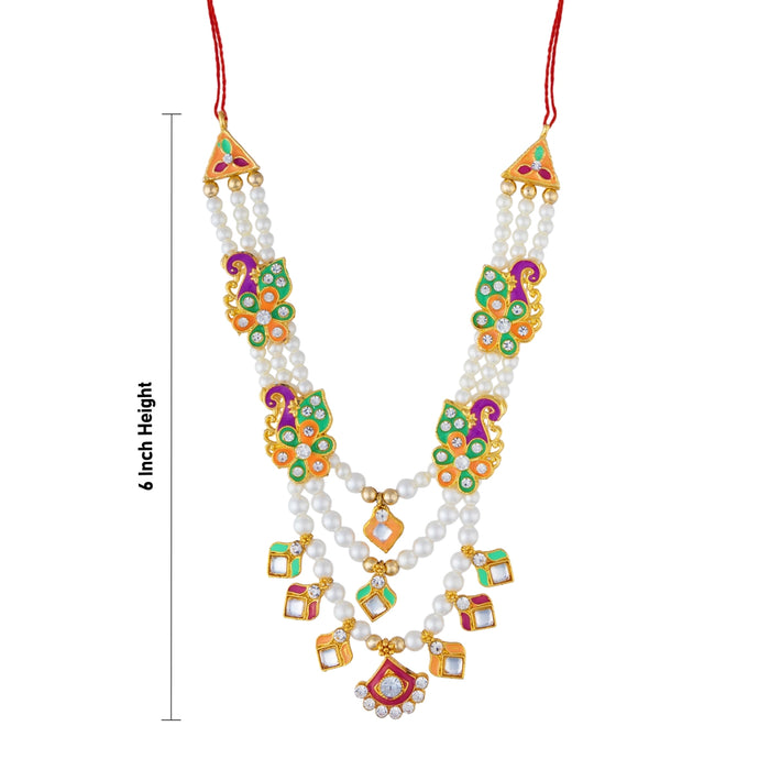 Stone Mala - 6 Inches | 3 Line/ Pearl & Stone Design Jewellery/ Artificial Mala For Deity
