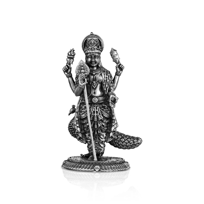 Murugan Statue With Peacock- 3.5 X 2.5 Inches | Silver Kartikeya Statue/ Antique Polish Murugan Silai For Home - German Silver Murties