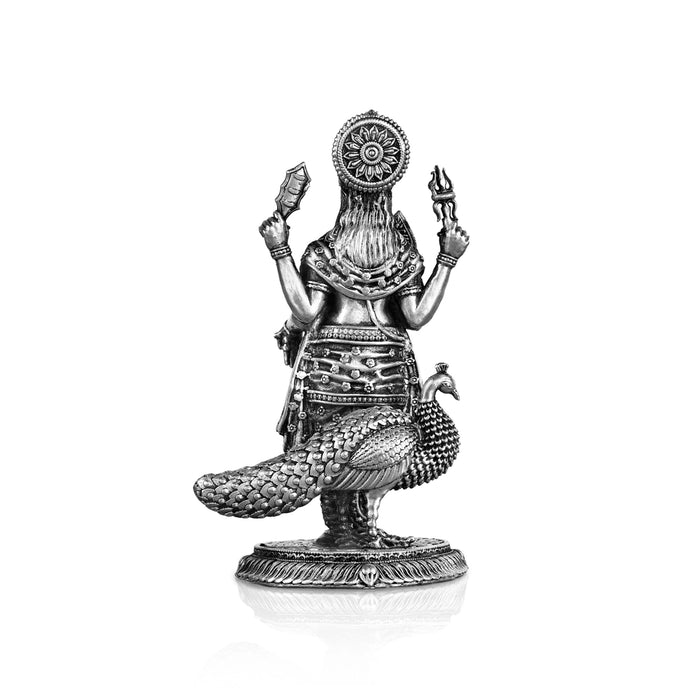 Murugan Statue With Peacock- 3.5 X 2.5 Inches | Silver Kartikeya Statue/ Antique Polish Murugan Silai For Home - German Silver Murties