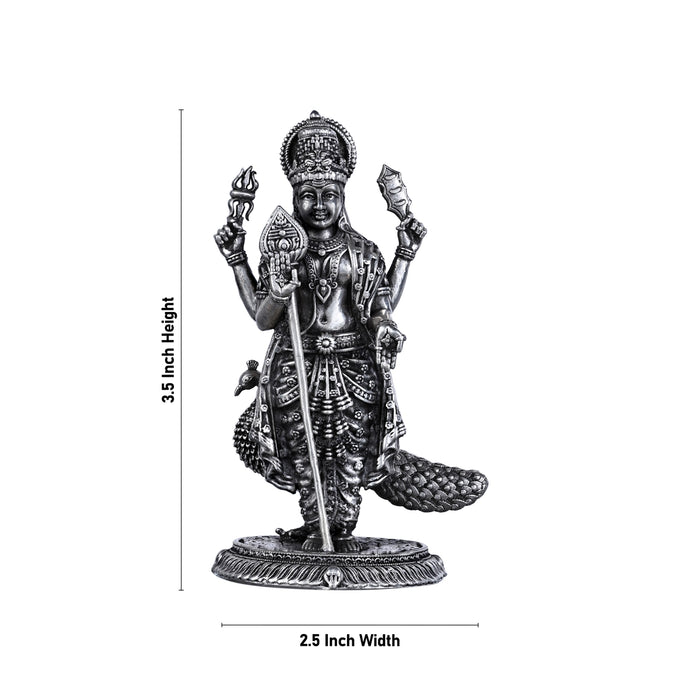 Murugan Statue With Peacock- 3.5 X 2.5 Inches | Silver Kartikeya Statue/ Antique Polish Murugan Silai For Home - German Silver Murties