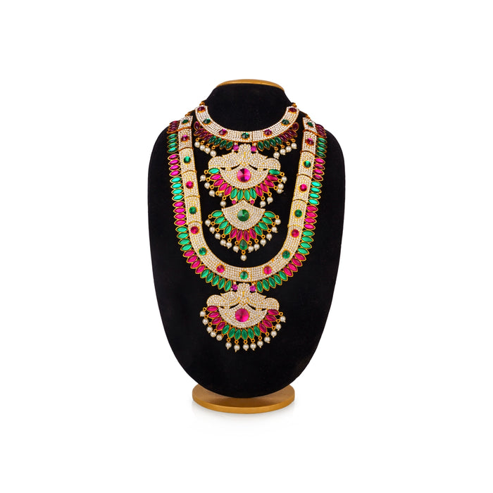 Stone Necklace & Stone Haram Pair - 13.5 x 9 Inches | Beads & Multicolour Artificial Jewellery for Deity - Neck & Body Accessories