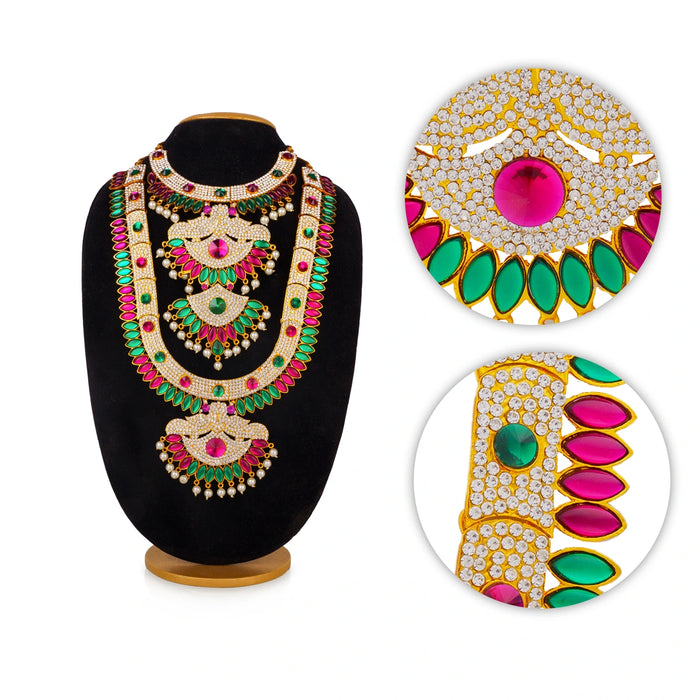 Stone Necklace & Stone Haram Pair - 13.5 x 9 Inches | Beads & Multicolour Artificial Jewellery for Deity - Neck & Body Accessories