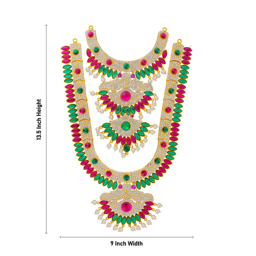 Stone Necklace & Stone Haram Pair - 13.5 x 9 Inches | Beads & Multicolour Artificial Jewellery for Deity - Neck & Body Accessories