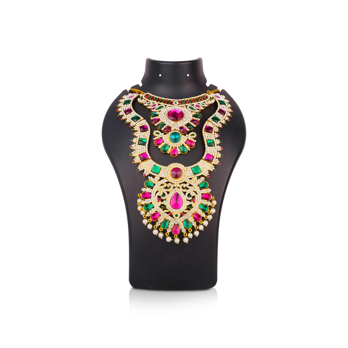 Stone Necklace & Stone Haram Pair - 11 x 7.5 Inches | Beads & Multicolour Stone Jewellery for Deity - Neck & Body Accessories