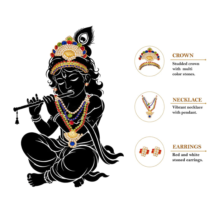Mala Kiridam Set | Decorative God Idol Jewelry Set/ Mukut, Mala & Earrings for Krishna Idol