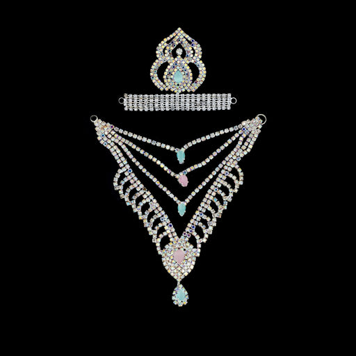 Stone Mala & Stone Crown Pair - 4 x 2 Inches | Multicolour Stone Necklace & Kireedam for Deity Decor - Neck & Body Accessories