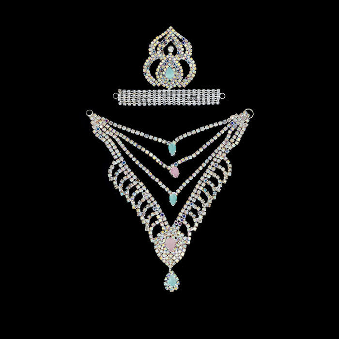 Stone Mala & Stone Crown Pair - 4 x 2 Inches | Multicolour Stone Necklace & Kireedam for Deity Decor - Neck & Body Accessories