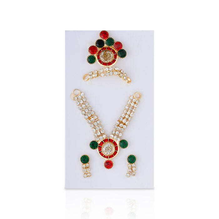 Stone Mala Mukut Set | Goddess Accessories/ Crown, Necklace & Earrings For Deity Alangaram