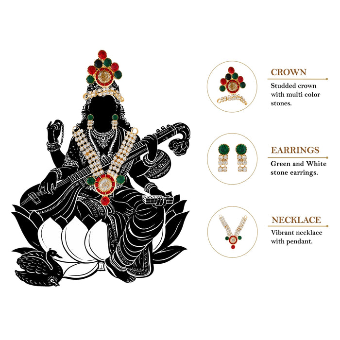 Stone Mala Mukut Set | Goddess Accessories/ Crown, Necklace & Earrings For Deity Alangaram