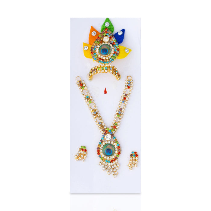 Stone Mala Kireedam Set | Lord Krishna Jewellery Set/ Crown, Mala, Tilakam & Earrings for Deity Decoration