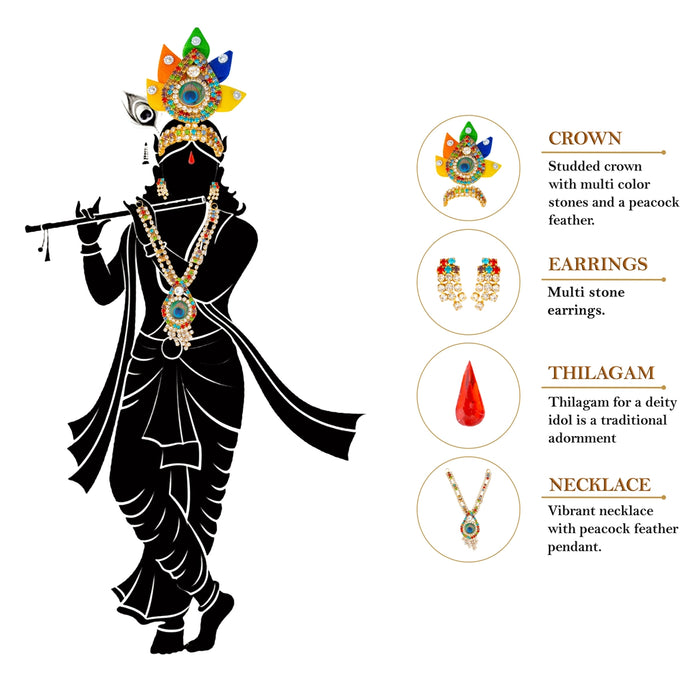 Stone Mala Kireedam Set | Lord Krishna Jewellery Set/ Crown, Mala, Tilakam & Earrings for Deity Decoration