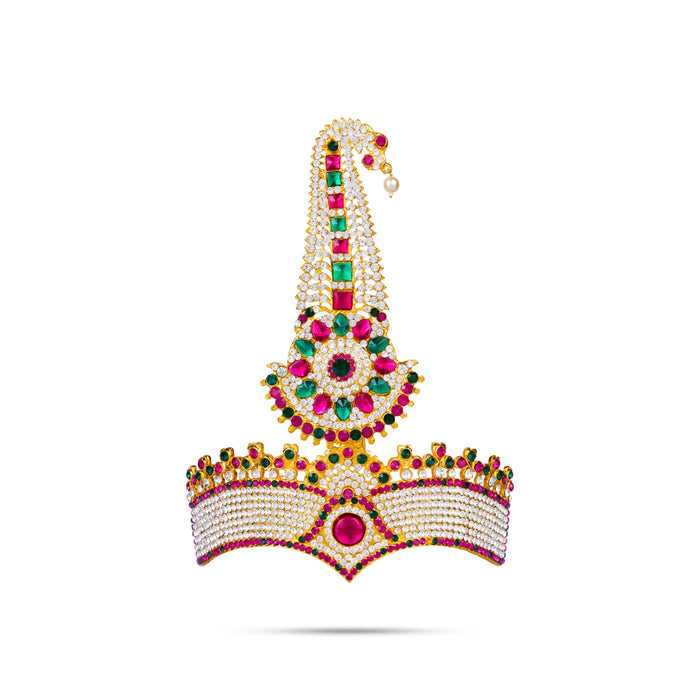 Stone Thura Kireetam - 8 x 6 Inches | Multicolour Stone Crown/ Stone Kiritam/ Stone Mukut for Deity