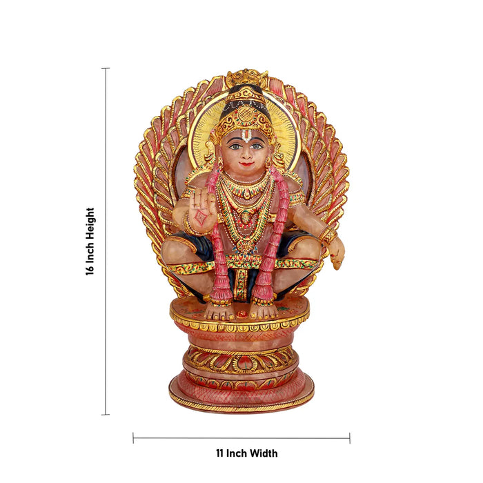 Ayyappan Sitting on Base Murti - 16 x 11 Inches | Rose Quartz Ayyappa Idol/ Iyyapan Statue For Pooja - Sphatik & Semi Precious Stone Murties