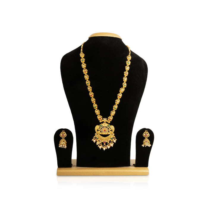 Gold Polish Haram And Earring Set | Artificial Jewelry & Studs/Peacock Design Jewellery For Dance & Bridal Wear - Ethnic Wear Accessories