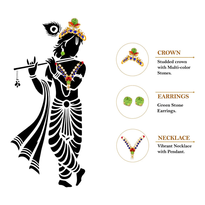 Stone Mala Mukut Set | Deity Accessory/ Stone Crown, Necklace & Earrings for Krishna, Bal Gopal & Deity Decor