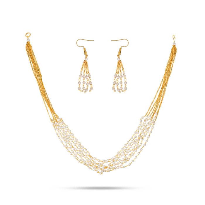 Necklace and Earring Set - 6 Inches | White Pearl Beads / Multi-layer Jewellery / Necklace for Women - Ethnic Wear Accessories