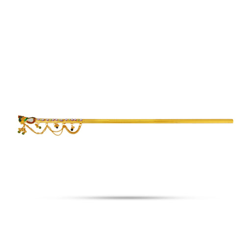 Krishna Flute - 16 x 0.25 Inches | Peacock Design Flute/ Gold Polish Bansuri for Laddu Gopal Ji - Deity Accessories