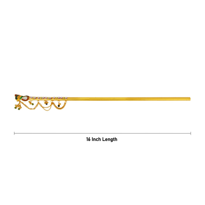 Krishna Flute - 16 x 0.25 Inches | Peacock Design Flute/ Gold Polish Bansuri for Laddu Gopal Ji - Deity Accessories