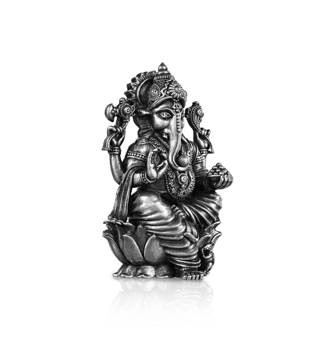 Ganesh Murti Sitting On Lotus - 3 X 1.75 Inches | Silver Ganpati Murti/ Antique Polish Vinayaka Idol For Pooja - German Silver Murties