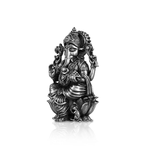 Ganesh Murti Sitting On Lotus - 3 X 1.75 Inches | Silver Ganpati Murti/ Antique Polish Vinayaka Idol For Pooja - German Silver Murties