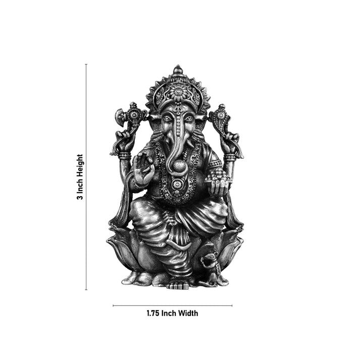 Ganesh Murti Sitting On Lotus - 3 X 1.75 Inches | Silver Ganpati Murti/ Antique Polish Vinayaka Idol For Pooja - German Silver Murties