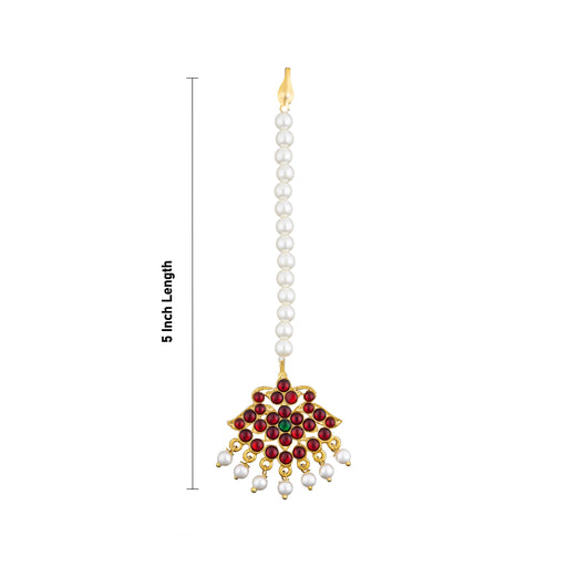 Kemp Nethi Chutti - 5 Inches | Stone Maangtikka/ Beads Design Artificial Jewelry/ Stone Jewellery For Dance - Bharatanatyam Jewellery