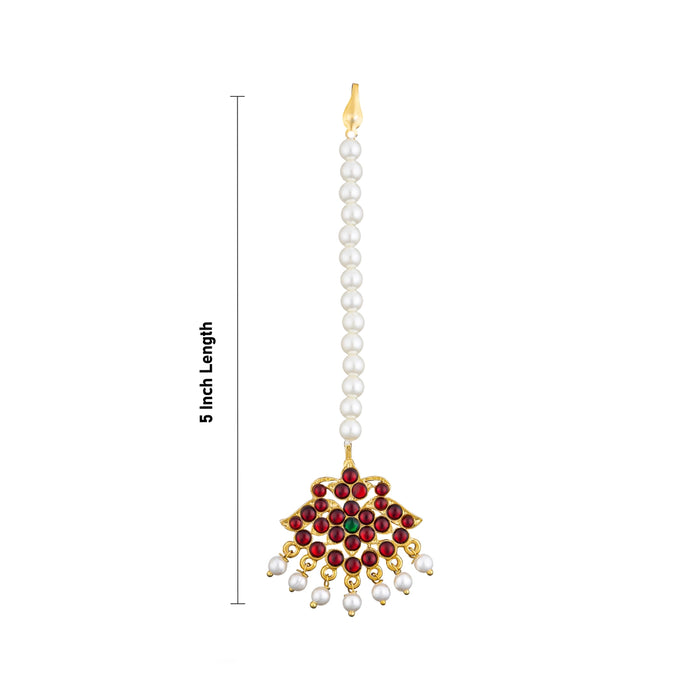 Kemp Nethi Chutti - 5 Inches | Stone Maangtikka/ Beads Design Artificial Jewelry/ Stone Jewellery For Dance - Bharatanatyam Jewellery