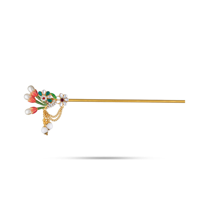 Stone Flute - 6 Inches | Decorative Floral Krishna Bansuri with Pearl Tassels/ Flute for Deity Alangaram