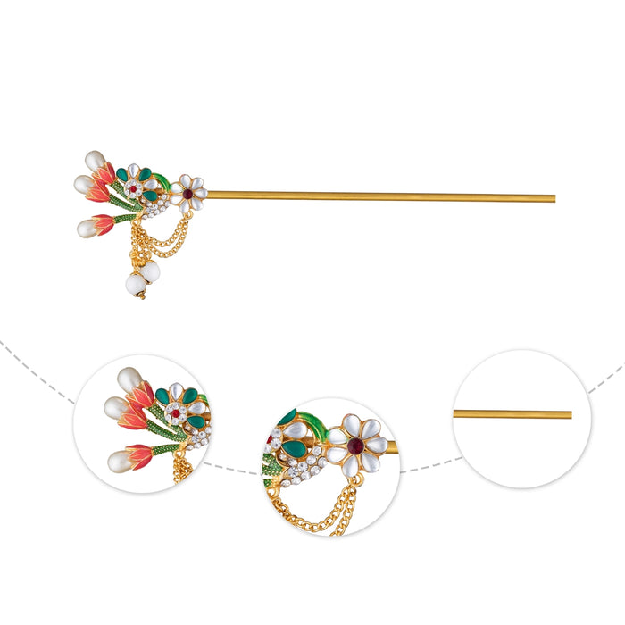 Stone Flute - 6 Inches | Decorative Floral Krishna Bansuri with Pearl Tassels/ Flute for Deity Alangaram
