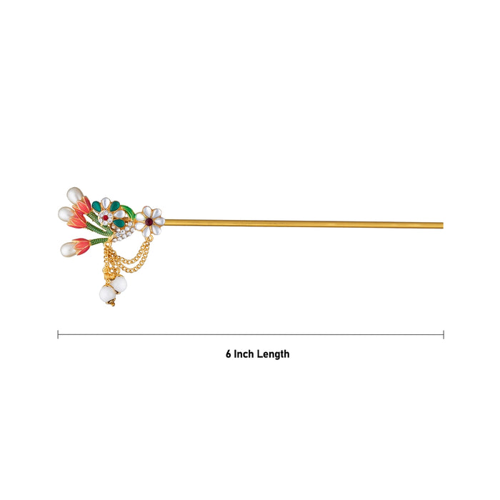 Stone Flute - 6 Inches | Decorative Floral Krishna Bansuri with Pearl Tassels/ Flute for Deity Alangaram