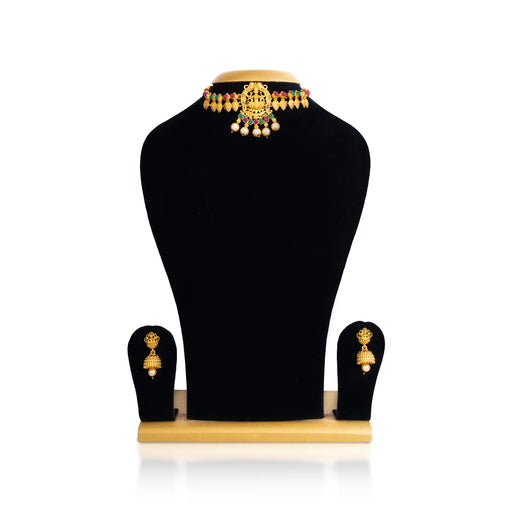Choker Necklace With Earring Set- 6 Inches | Gold Polish Jewellery/ Laxmi Design Artificial Jewelry For Wedding - Ethnic Wear Accessories