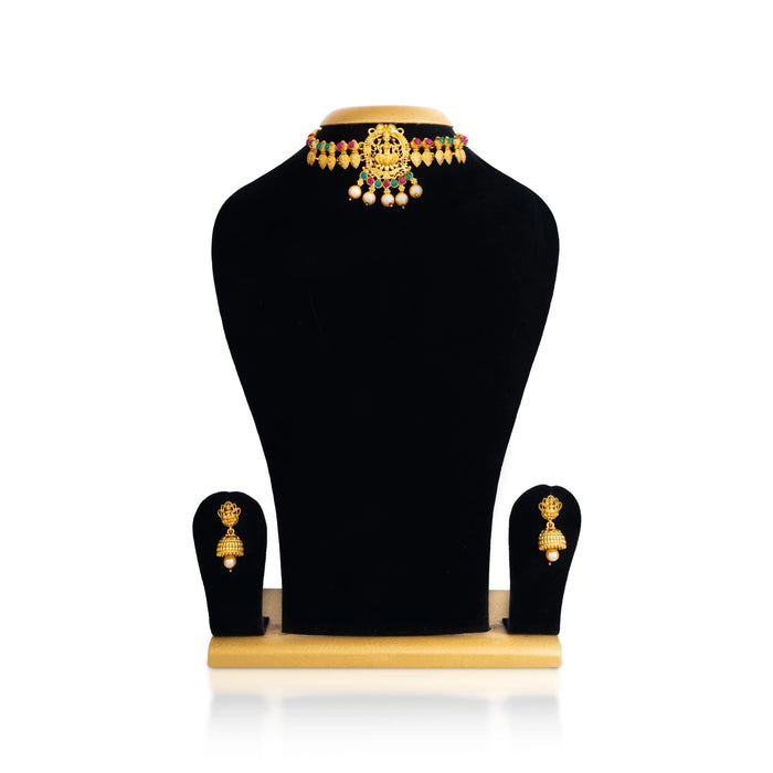 Choker Necklace With Earring Set- 6 Inches | Gold Polish Jewellery/ Laxmi Design Artificial Jewelry For Wedding - Ethnic Wear Accessories