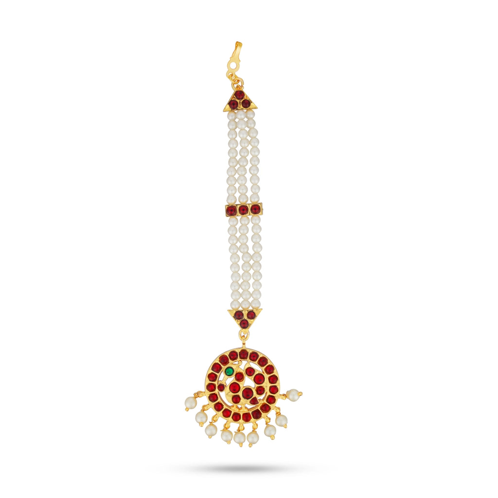 Kemp Nethi Chutti - 7 Inches | Kemp Jewellery/ 3 Lines Pearl Mangtika for Women