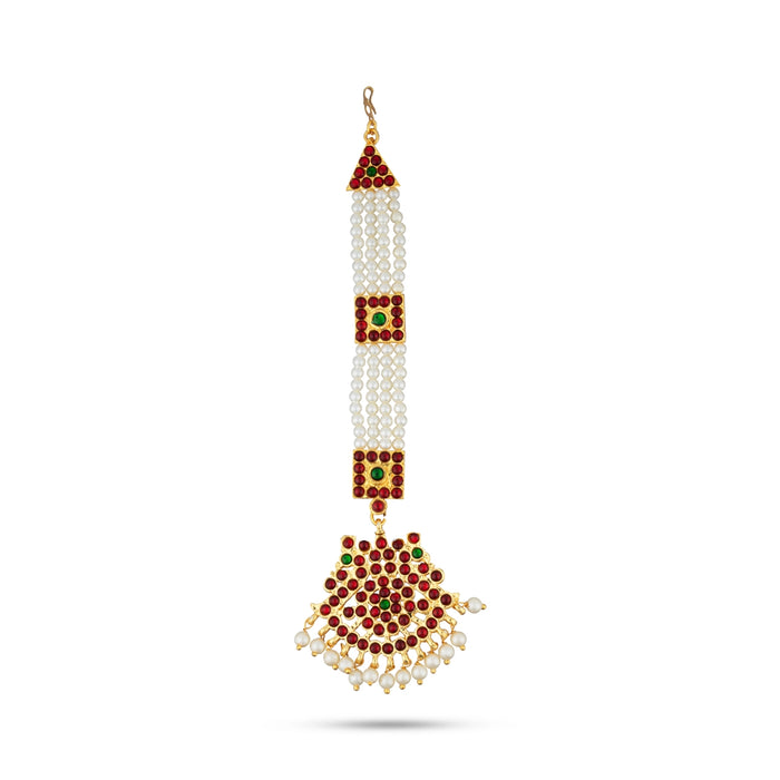Kemp Nethi Chutti - 7 Inches | Kemp Jewellery/ 4 Lines Pearl with Stone Mangtika for Women