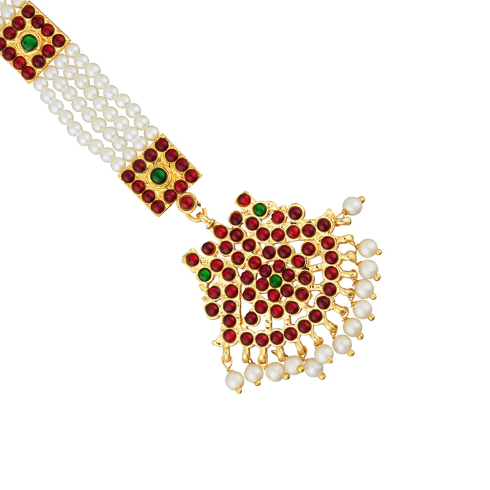 Kemp Nethi Chutti - 7 Inches | Kemp Jewellery/ 4 Lines Pearl with Stone Mangtika for Women
