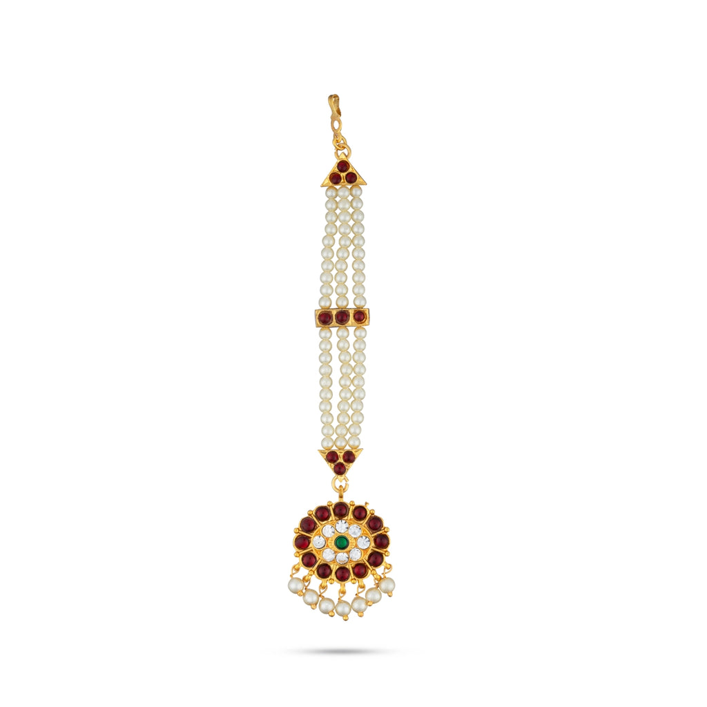 Kemp Nethi Chutti - 7 Inches | Kemp Jewellery/ 3 Lines Pearl with Stone Mangtika for Women