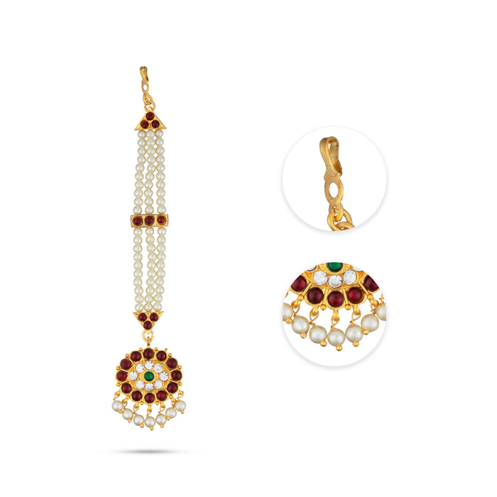 Kemp Nethi Chutti - 7 Inches | Kemp Jewellery/ 3 Lines Pearl with Stone Mangtika for Women