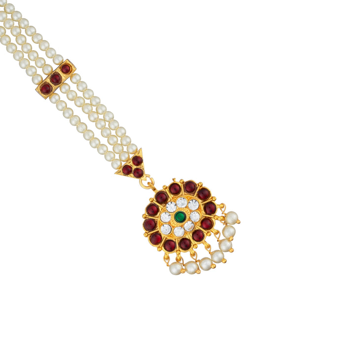 Kemp Nethi Chutti - 7 Inches | Kemp Jewellery/ 3 Lines Pearl with Stone Mangtika for Women