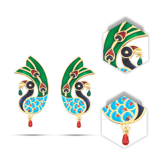 Stone Earring Pair - 2.5 x 1 Inches | Peacock Design Stud Earring/ Mayurakrit Kundal Karnapathiram for Deity - Head & Face Accessories