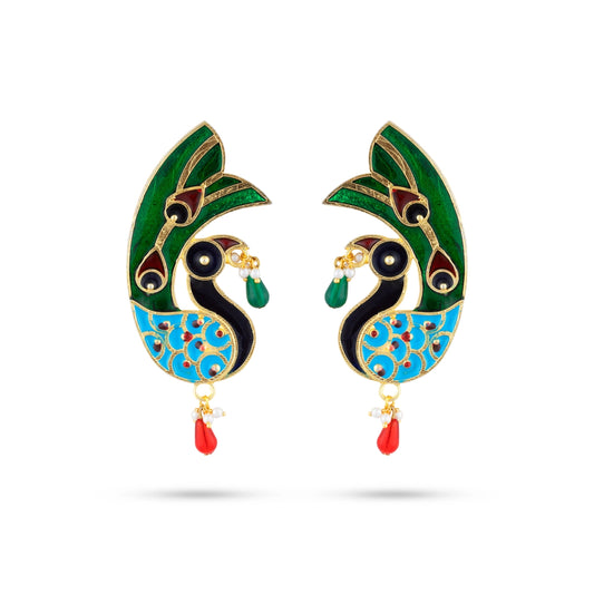 Stone Earring Pair - 3 x 1.25 Inches | Peacock Design Stud Earring/ Mayurakrit Kundal Karnapathiram for Deity - Head & Face Accessories