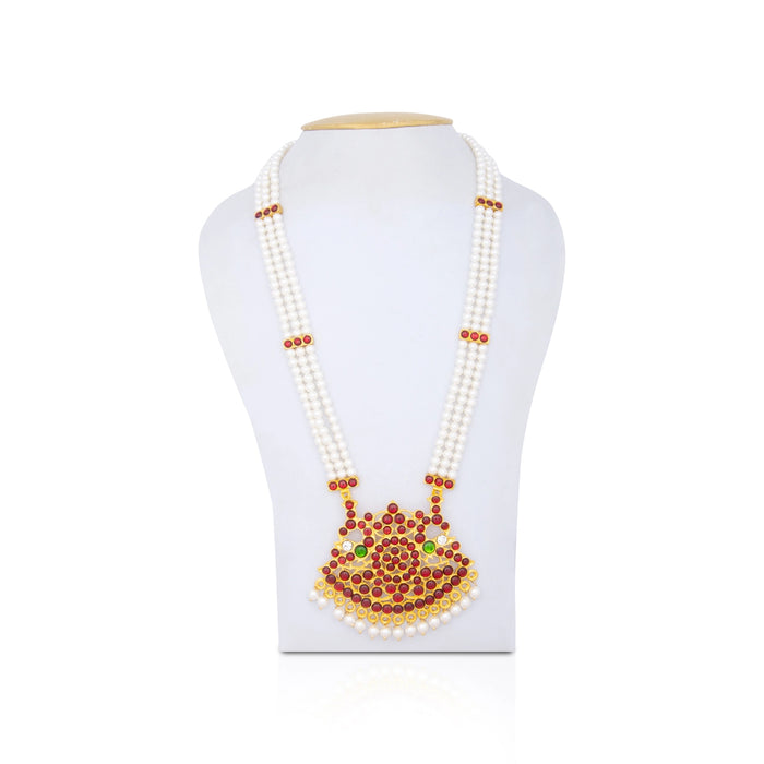 Kemp Moti Haram - 11.5 Inches | 3 Line Long Necklace/ Moti Jewellery for Dance - Bharatanatyam Jewellery