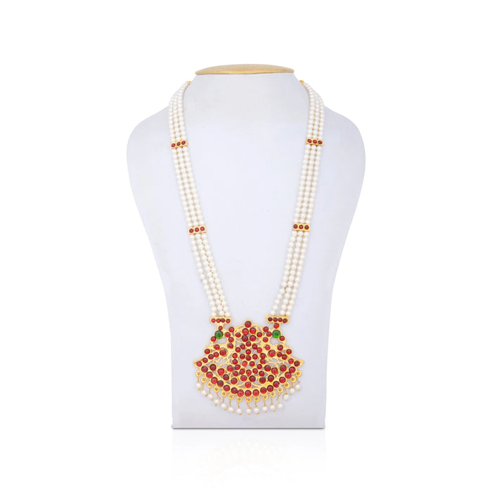 Kemp Moti Haram - 11.5 Inches | 3 Line Long Necklace/ Moti Jewellery for Dance - Bharatanatyam Jewellery