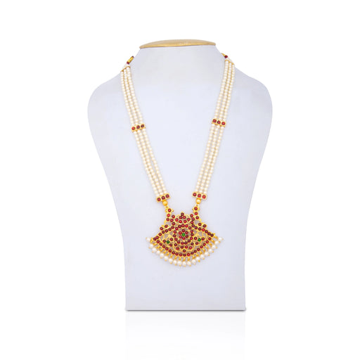 Kemp Moti Haram - 11.5 Inches | 3 Line Long Necklace/ Moti Jewellery for Dance - Bharatanatyam Jewellery