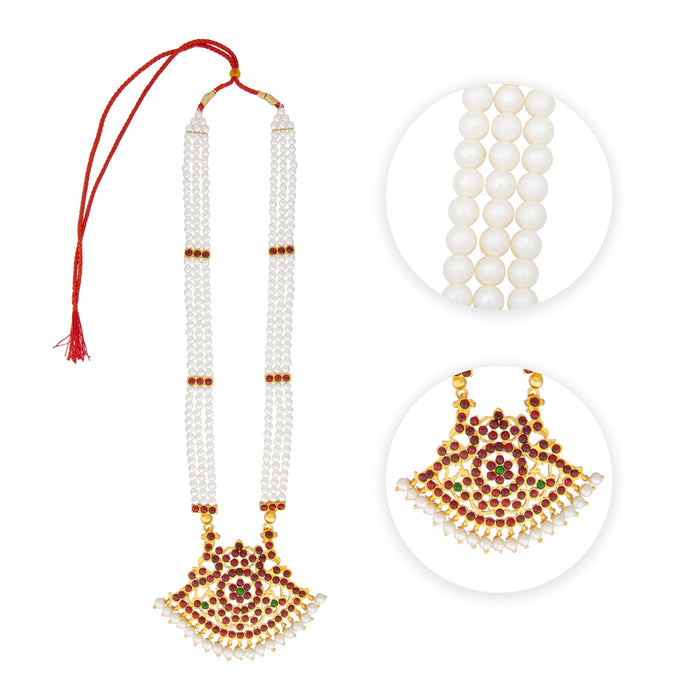 Kemp Moti Haram - 11.5 Inches | 3 Line Long Necklace/ Moti Jewellery for Dance - Bharatanatyam Jewellery