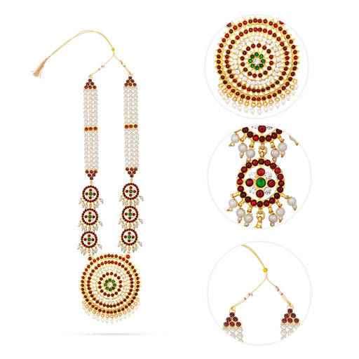 Kemp Moti Haram - 11 Inches | 3 Line Long Necklace/ Moti Jewellery for Dance - Bharatanatyam Jewellery
